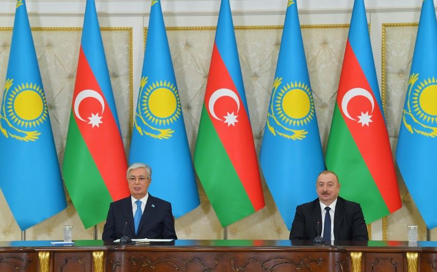 President Ilham Aliyev and President Kassym-Jomart Tokayev make press statements