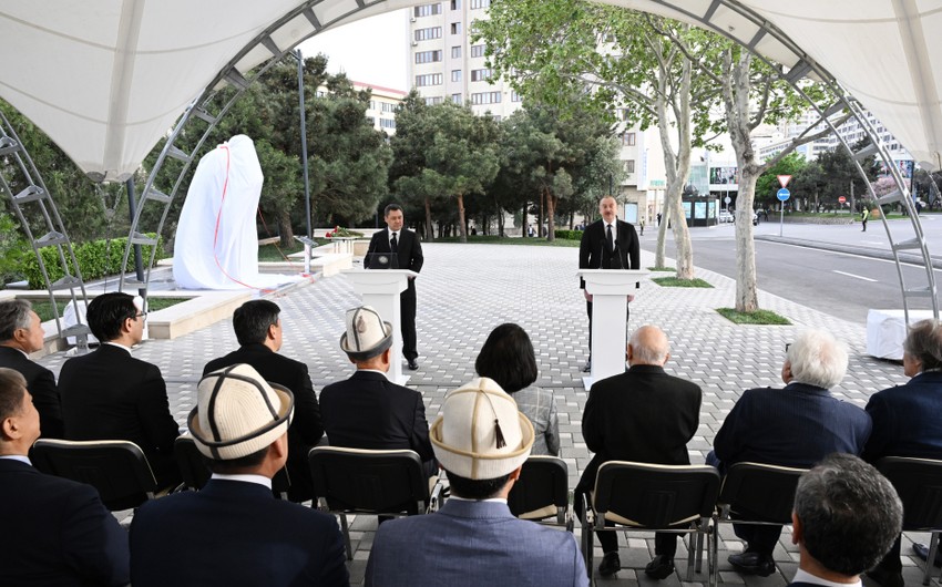President Ilham Aliyev and President Sadyr Zhaparov attend unveiling ceremony of monument to Chingiz Aitmatov in Baku