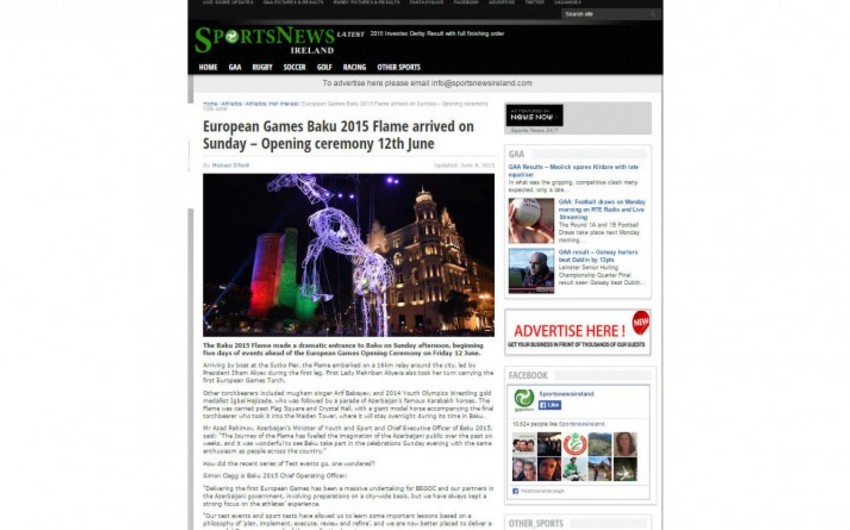 Irish sportsnewsireland.com portal places article about Baku 2015 First European Games