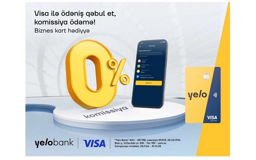 Yelo Mobil POS ilə Visa kartlarından ödənişlərinizi komissiyasız qəbul edin!