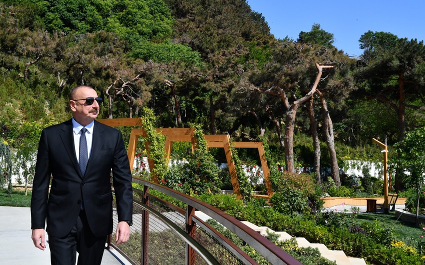 President Ilham Aliyev views conditions created in newly-built Chambarakand park in Baku