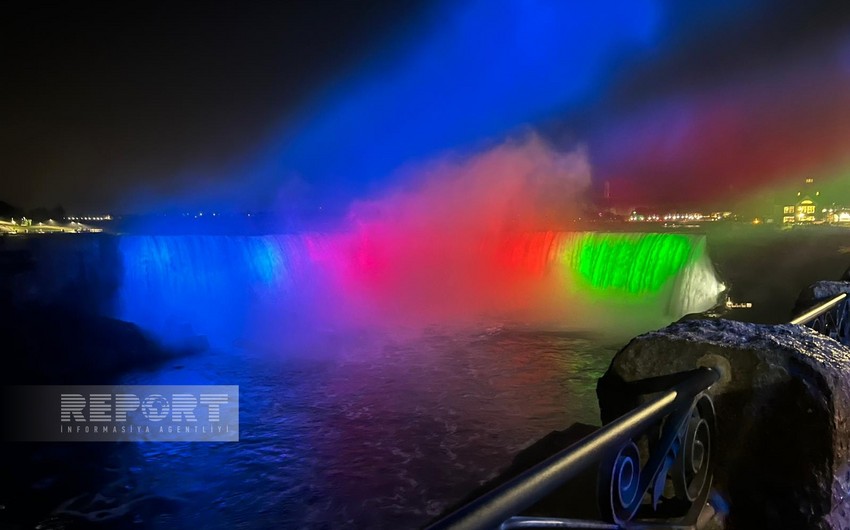 Niagara Falls lit up with colors of Azerbaijani Flag