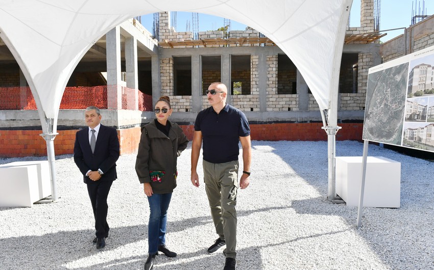 President and First Lady view construction work in building of secondary school No. 1 in Shusha 